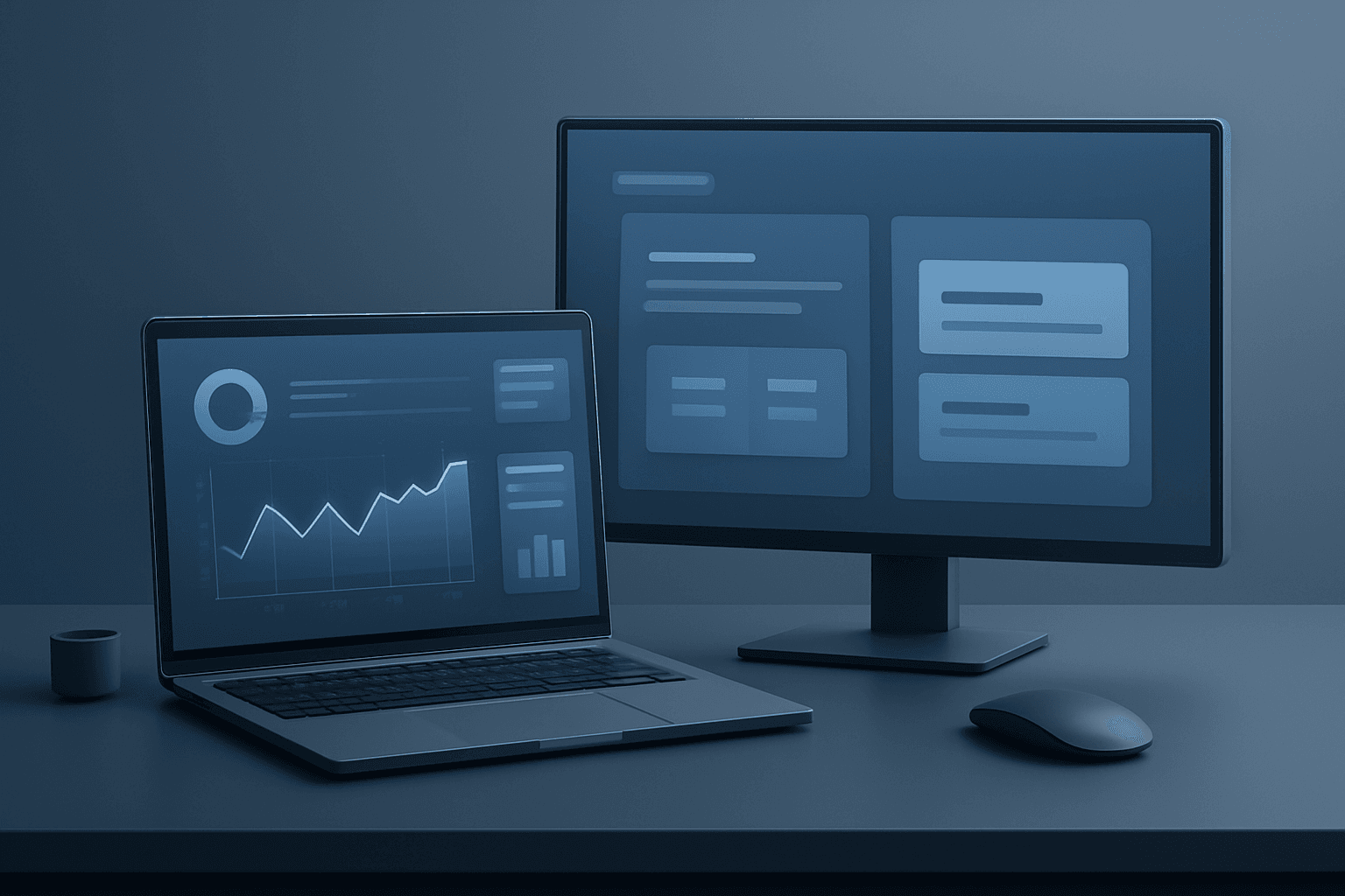 A modern workstation showing troubleshooting and software comparison screens.